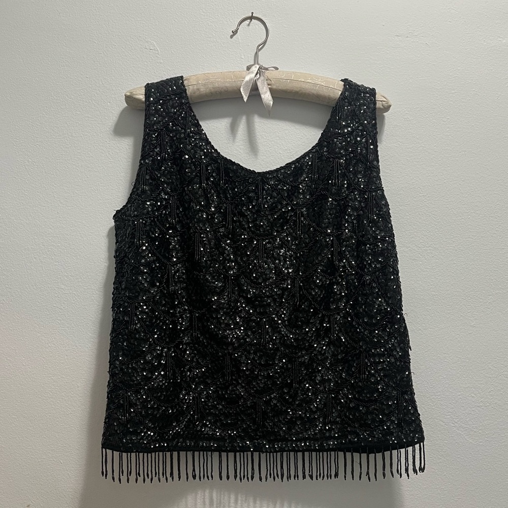 Black beaded tank style top with fringe